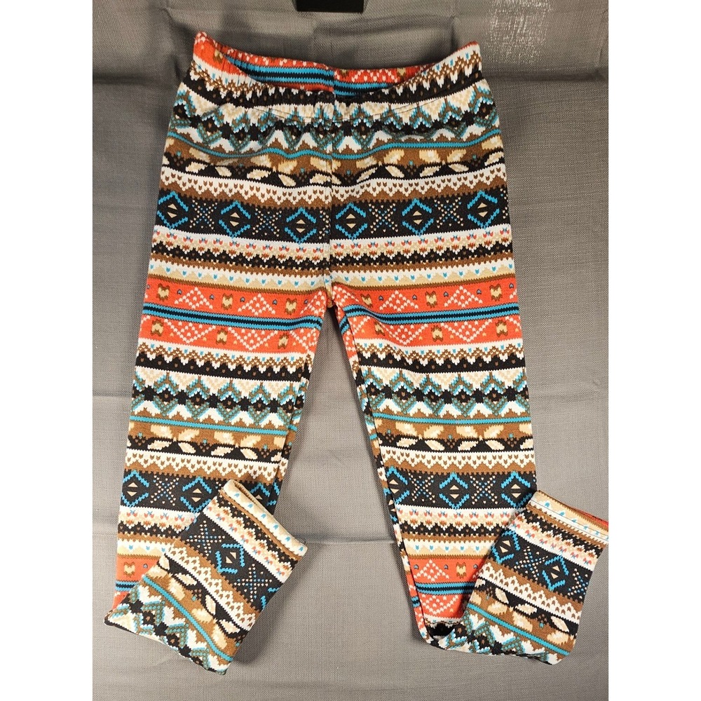 La Scala Women Fair Isle Fleece Lined Leggings Orange Teal Geometric L/XL BQF153